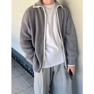 배색 집업 가디건 오버핏 그레이