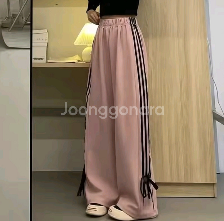 분홍 핑크 캐주얼 트랙 와이드 팬츠 라인 리본 긴바지--0