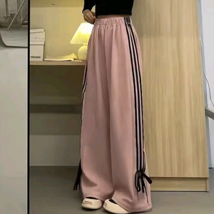 분홍 핑크 캐주얼 트랙 와이드 팬츠 라인 리본 긴바지