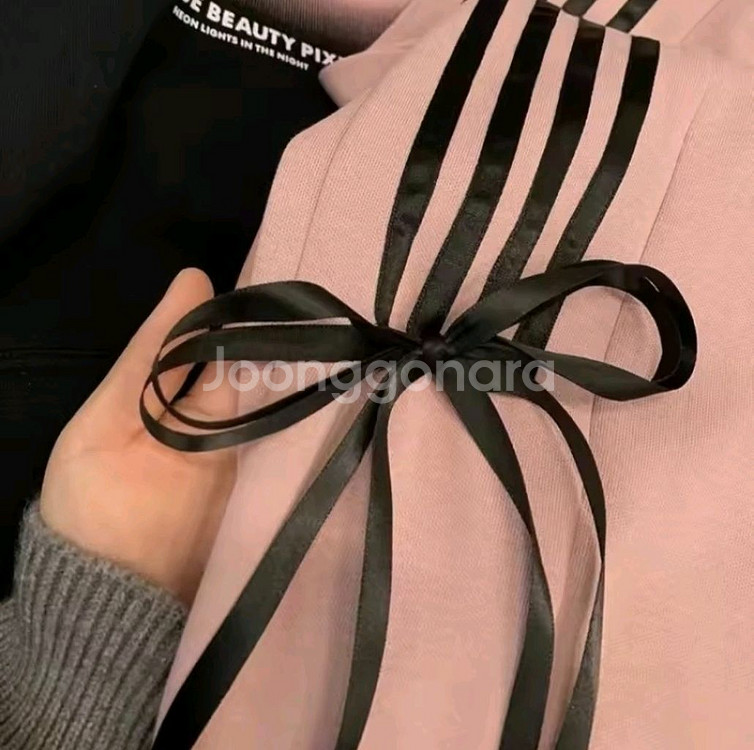 분홍 핑크 캐주얼 트랙 와이드 팬츠 라인 리본 긴바지--2