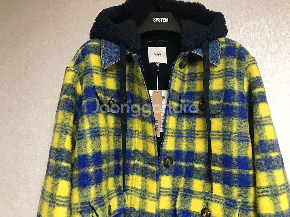 (새상품) SJYP 요니피 한섬 울 양털후드 체크 자켓--2