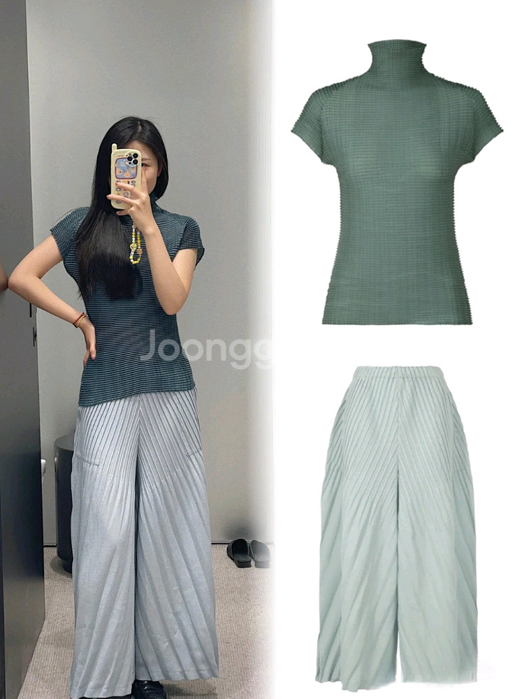 이세이미야케 울리 플리츠 반팔탑 블루그린--0