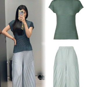 이세이미야케 울리 플리츠 반팔탑 블루그린