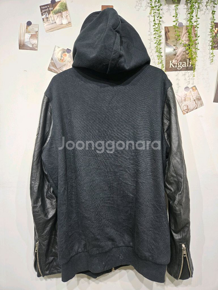 디젤 블랙 가죽소매 후드 집업--3