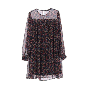 [S]자라 블랙 멀티 플로럴 패턴 쉬폰 긴팔 원피스 드