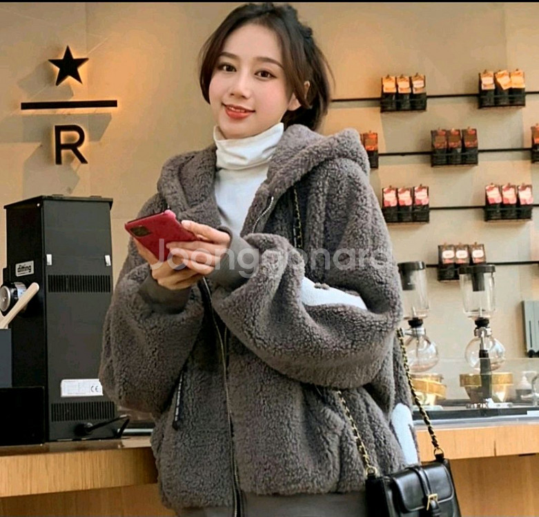 오버핏 양털 뽀글이 후드 집업 XL 66~77--0