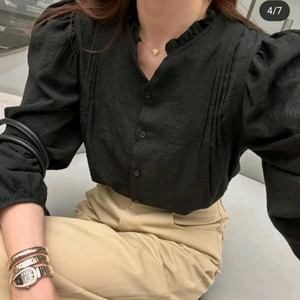 프릴 핀턱 블라우스 - 블랙