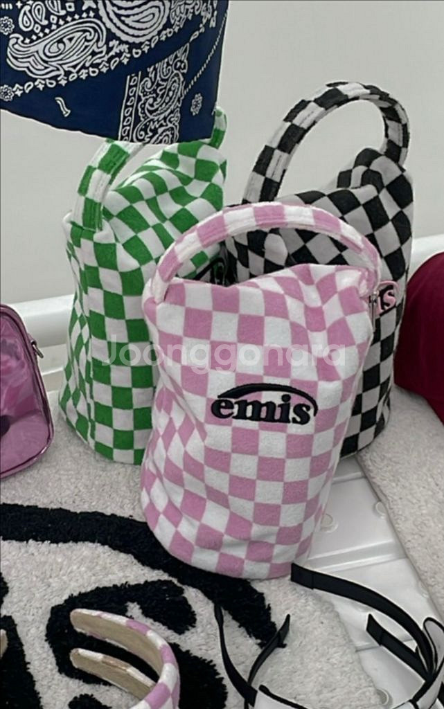 이미스 테리 체커보드 파우치 핑크 emis--0