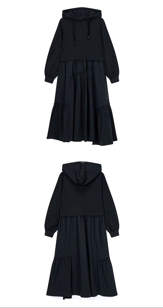 지컷 후드 플리츠 원피스 블랙--6