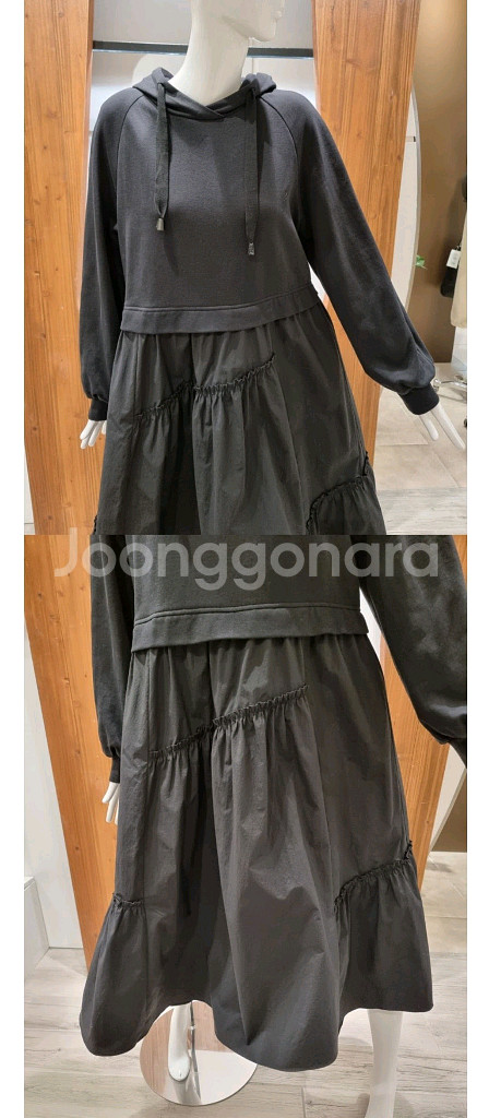 지컷 후드 플리츠 원피스 블랙--4