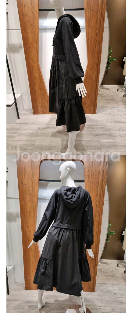 지컷 후드 플리츠 원피스 블랙--5