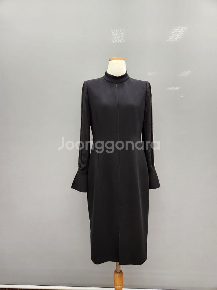 지고트 JIGOTT 블랙 하이넥 플리츠 소매 원피스--0