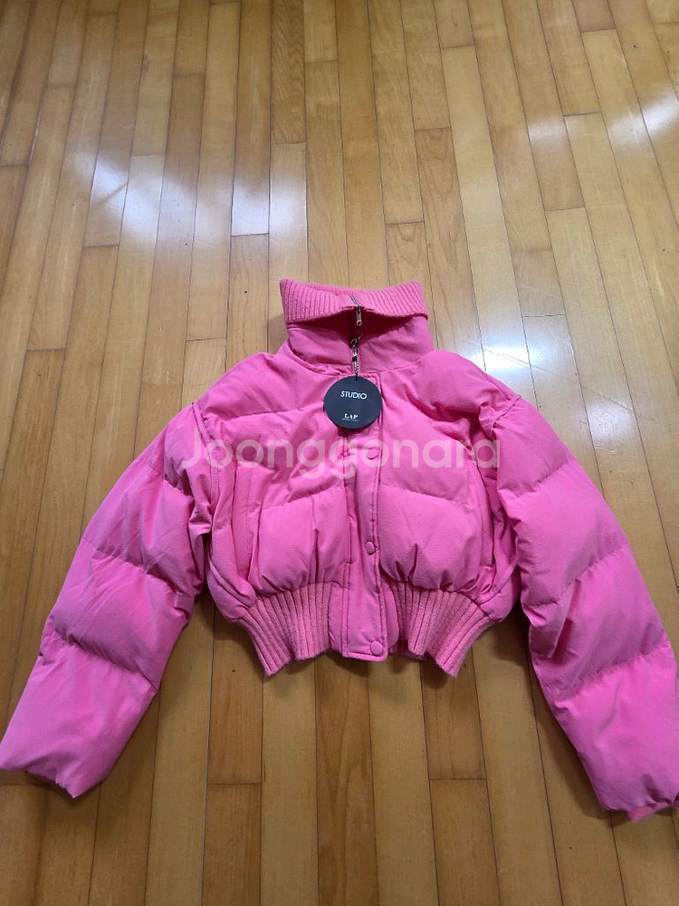 랩 빅카라니트배색크롭패딩--3