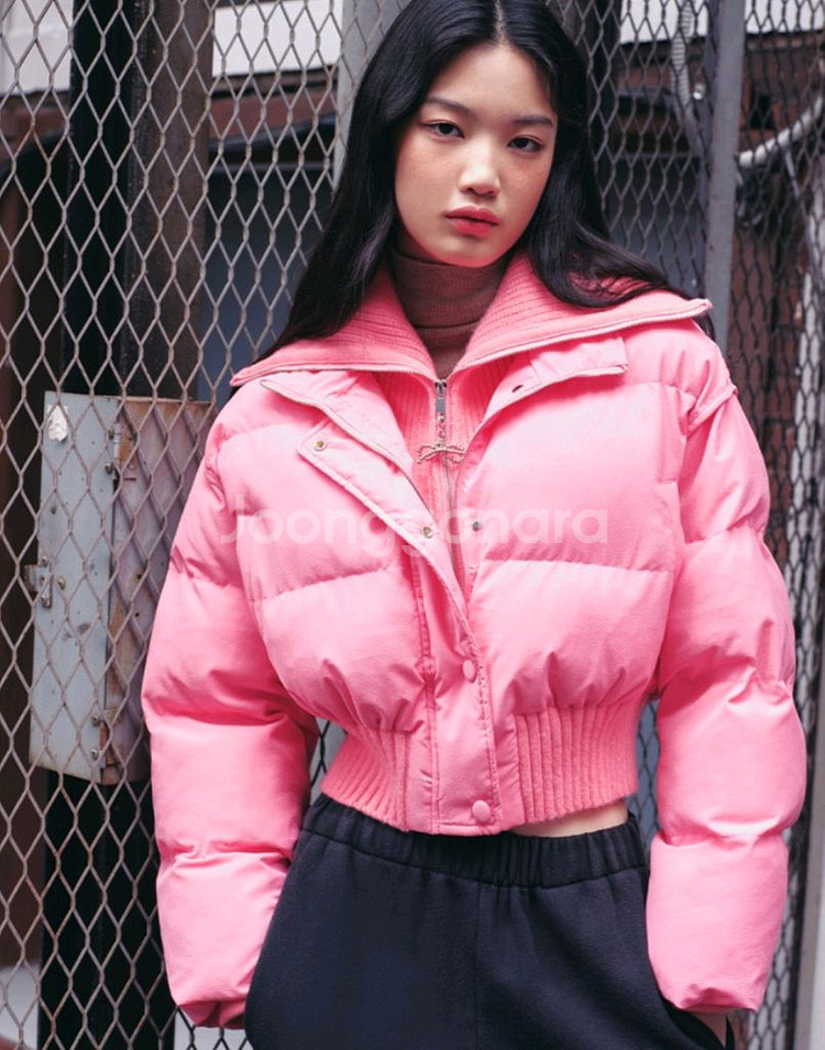 랩 빅카라니트배색크롭패딩--5