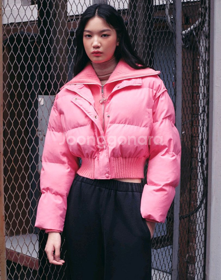 랩 빅카라니트배색크롭패딩--7