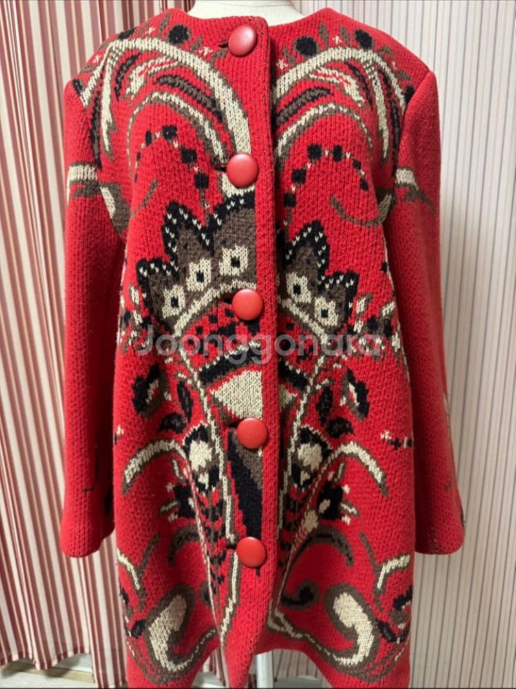 수입빈티지 패턴 코위찬 노르딕 니트 울 가디건 코트--4