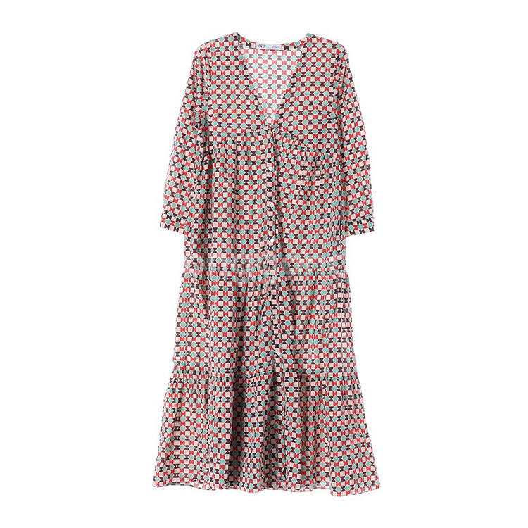 [S]자라 레드 민트 패턴 브이넥 긴팔 롱 캉캉 원피스--0