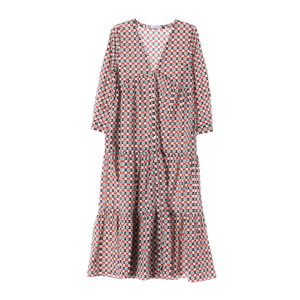 [S]자라 레드 민트 패턴 브이넥 긴팔 롱 캉캉 원피스