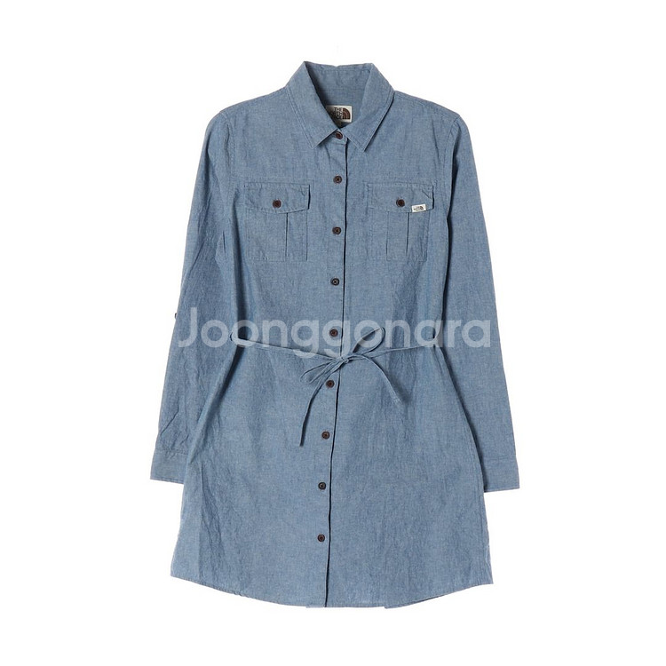 [S]노스페이스 블루 로고 포켓 긴팔 청셔츠 데님원피스--0