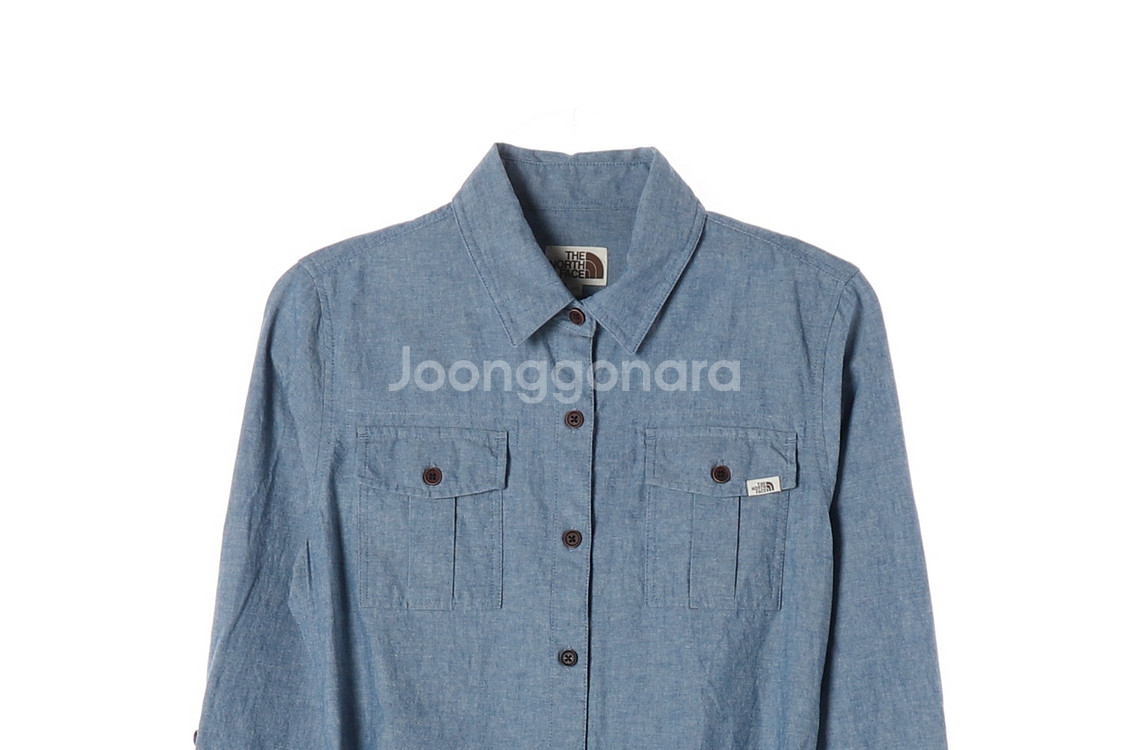 [S]노스페이스 블루 로고 포켓 긴팔 청셔츠 데님원피스--1