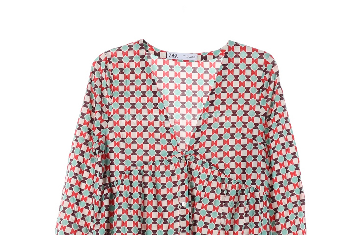 [S]자라 레드 민트 패턴 브이넥 긴팔 롱 캉캉 원피스--1