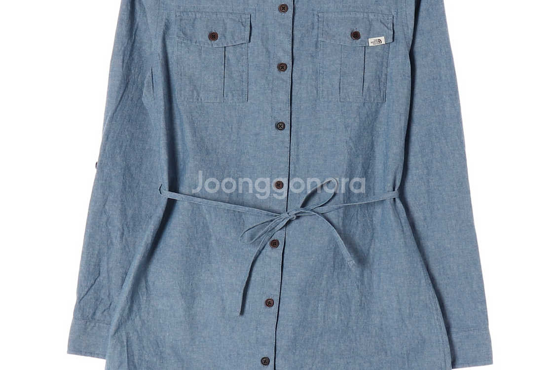 [S]노스페이스 블루 로고 포켓 긴팔 청셔츠 데님원피스--2