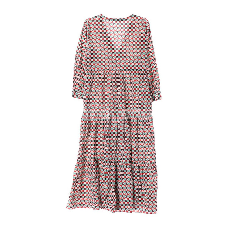 [S]자라 레드 민트 패턴 브이넥 긴팔 롱 캉캉 원피스--4