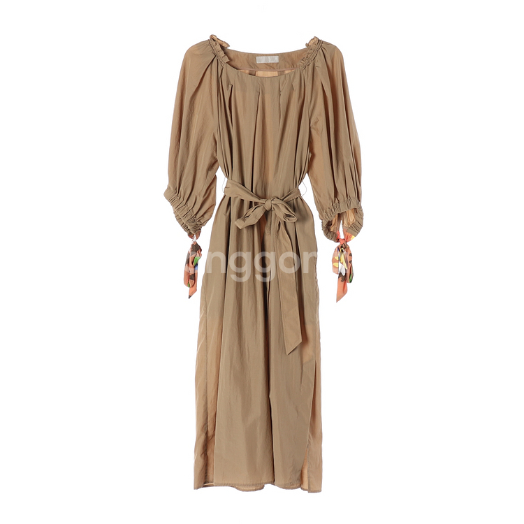 [L]지컷 베이지 스카프 리본 슬리브 롱 나일론 원피스--0