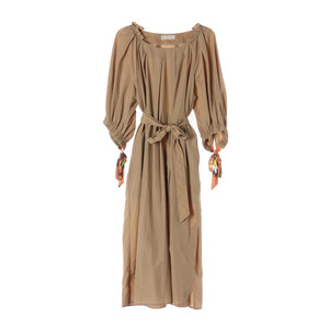 [L]지컷 베이지 스카프 리본 슬리브 롱 나일론 원피스