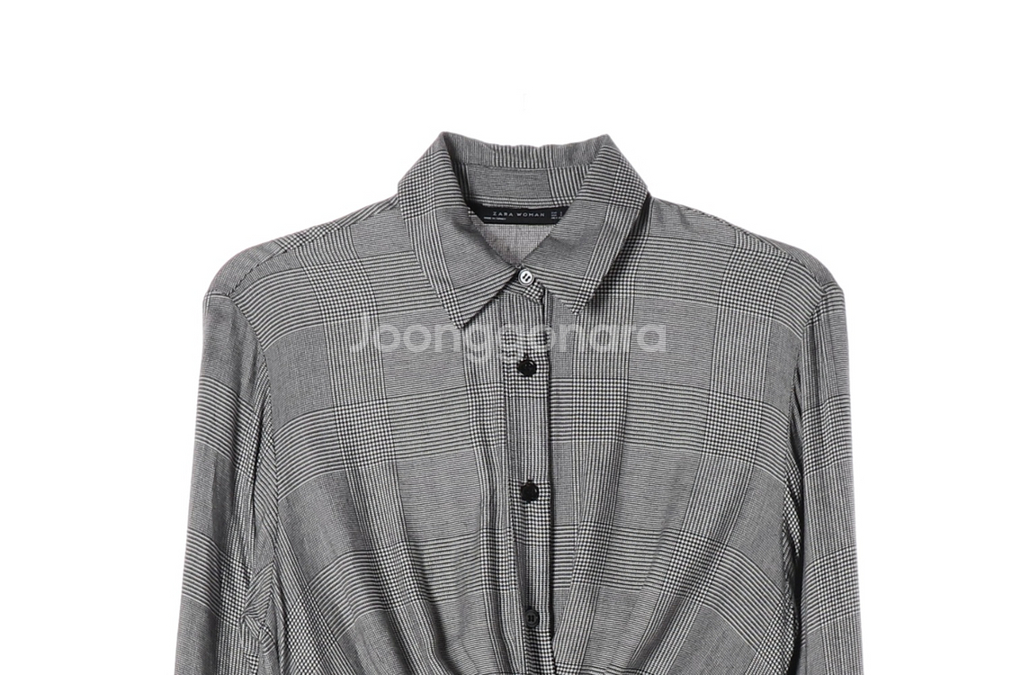 [S]자라 체크 꼬임 드레이프 긴팔 롱 셔츠원피스--1