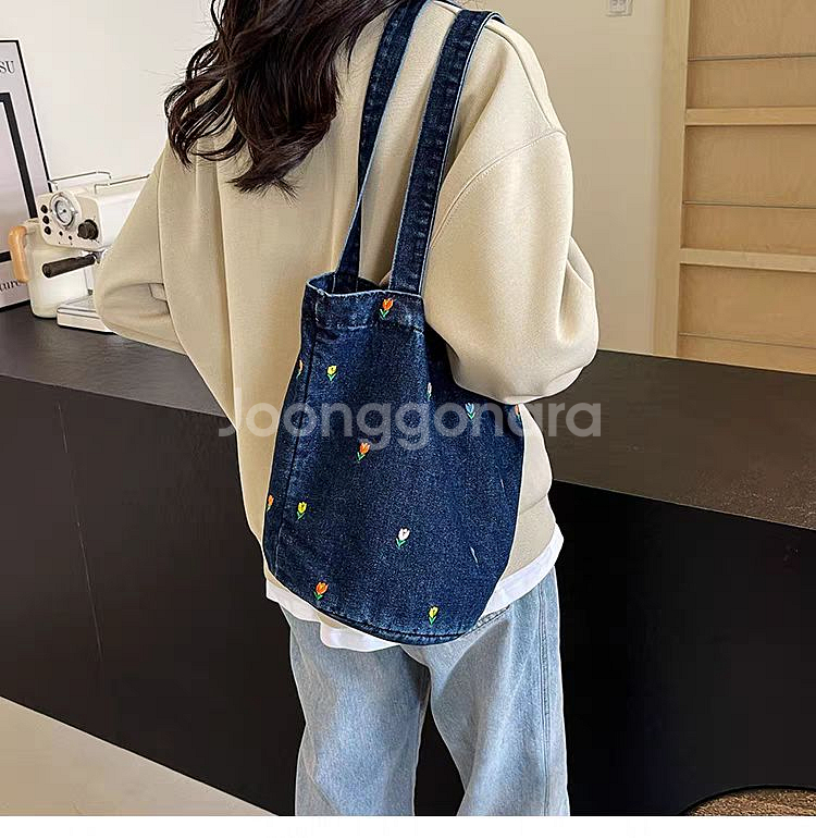 데님 꽃 자수 버킷백 토트백--3