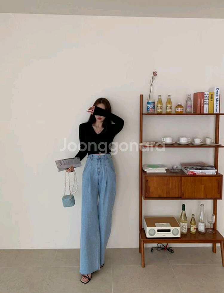 레브시티 핀턱 와이드 데님 팬츠 청바지--4