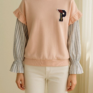 러블리한 배색소매 맨투맨 블라우스 인디핑크+스트라이프