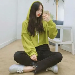 믹스엑스믹스 올리브 그린 연두색 크롭 후드티셔츠