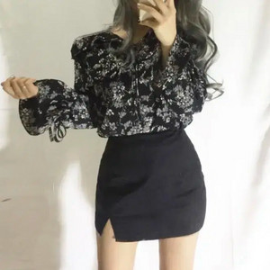 리본 셔링 플라워 꽃무늬 블라우스 블랙 검정