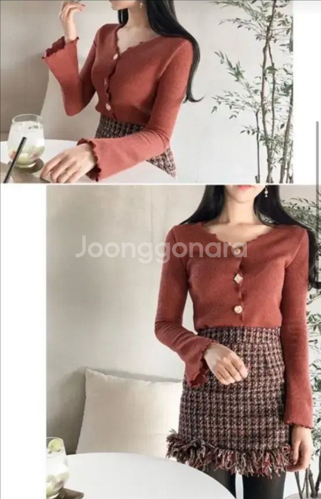 세컨에디션 말린장미/브릭색상 V넥 보석단추 골지가디건--2