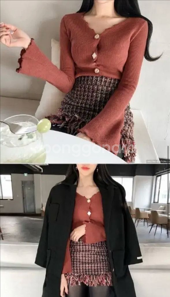 세컨에디션 말린장미/브릭색상 V넥 보석단추 골지가디건--4