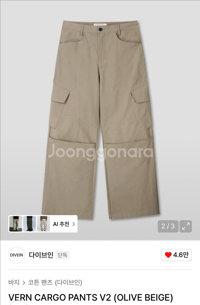 다이브인 베른 카고팬츠 올리브베이지--0