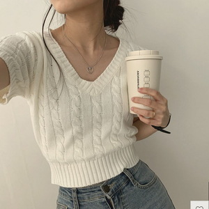 꽈배기 반팔 브이넥 니트