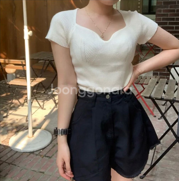 슬림 골지 반팔 스퀘어 니트--3