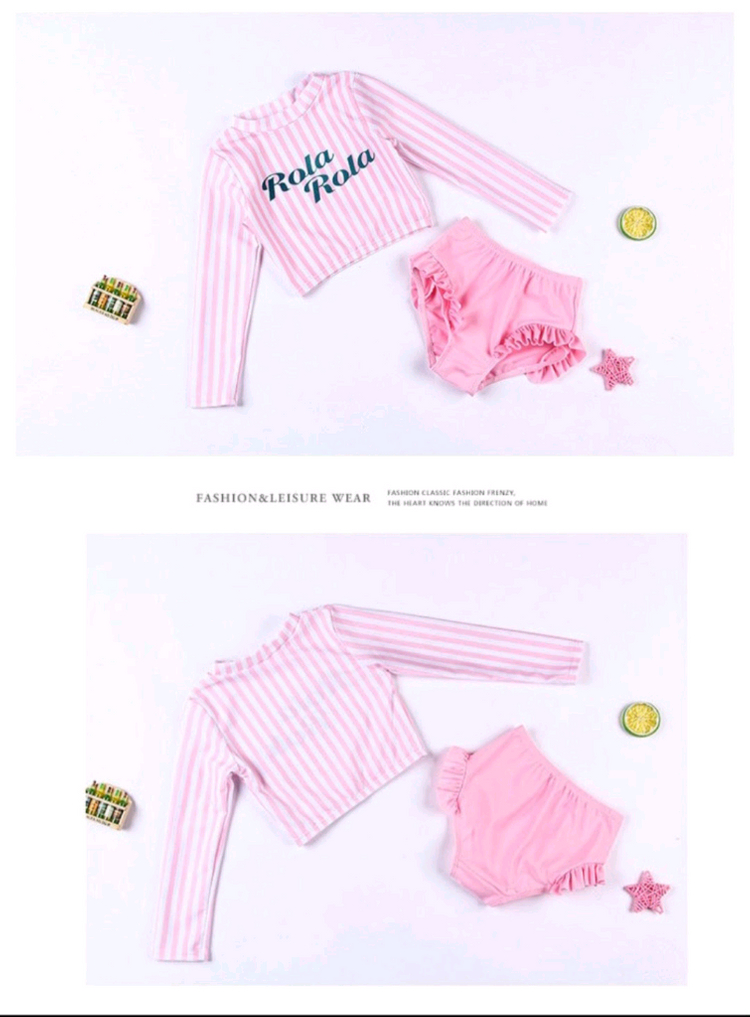 핑크색 스트라이프 여아 어린이 래쉬가드 수영복 상하의 이미지