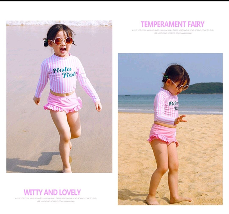 핑크색 스트라이프 여아 어린이 래쉬가드 수영복 상하의 이미지