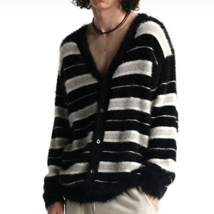 우알롱 스트라이프 가디건 - 블랙 S사이즈