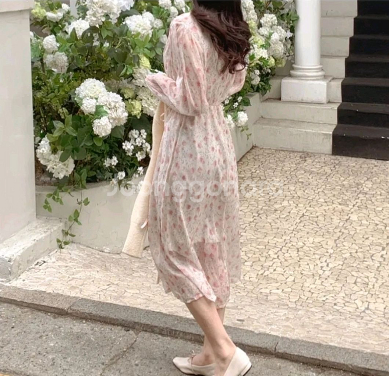 플라워 롱 원피스 쉬폰 핑크 패턴 에이블리교신 원피스--1
