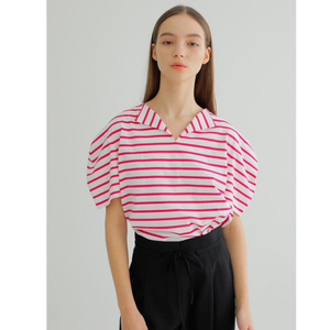 핑크 스트라이프 소매 퍼프 볼륨 반팔티