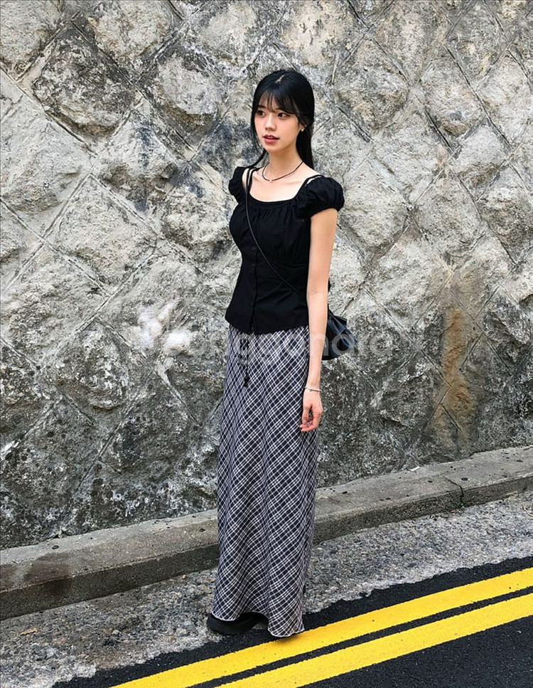 여름 체크 H라인 롱스커트--1