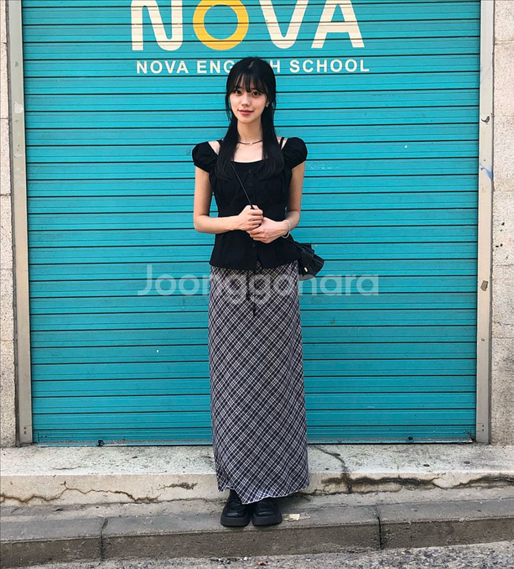 여름 체크 H라인 롱스커트--0