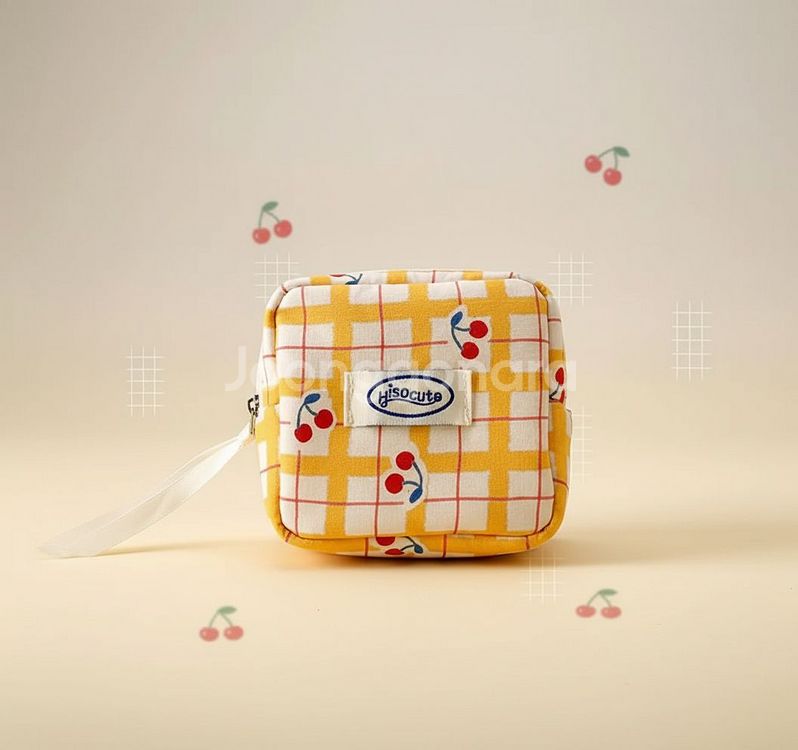체리 체크 노랑 파우치 휴대용으로도 용이--0