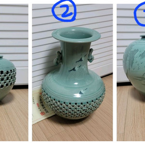 도자기 항아리 청자운학문 이중투각.대형청자 흑백상감