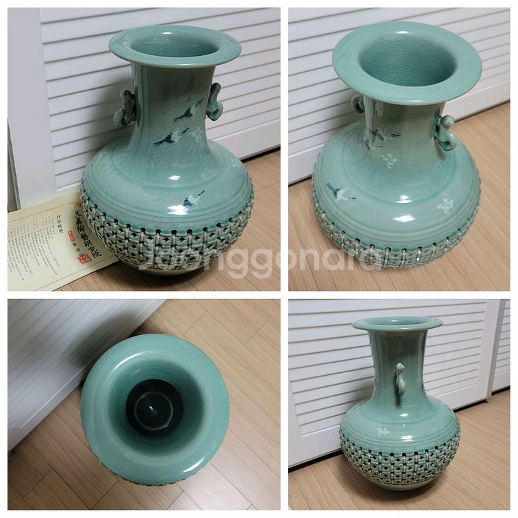 도자기 항아리 청자운학문 이중투각.대형청자 흑백상감--4